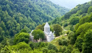 Het klooster Haghartsin tussen beboste heuvels in Armenië